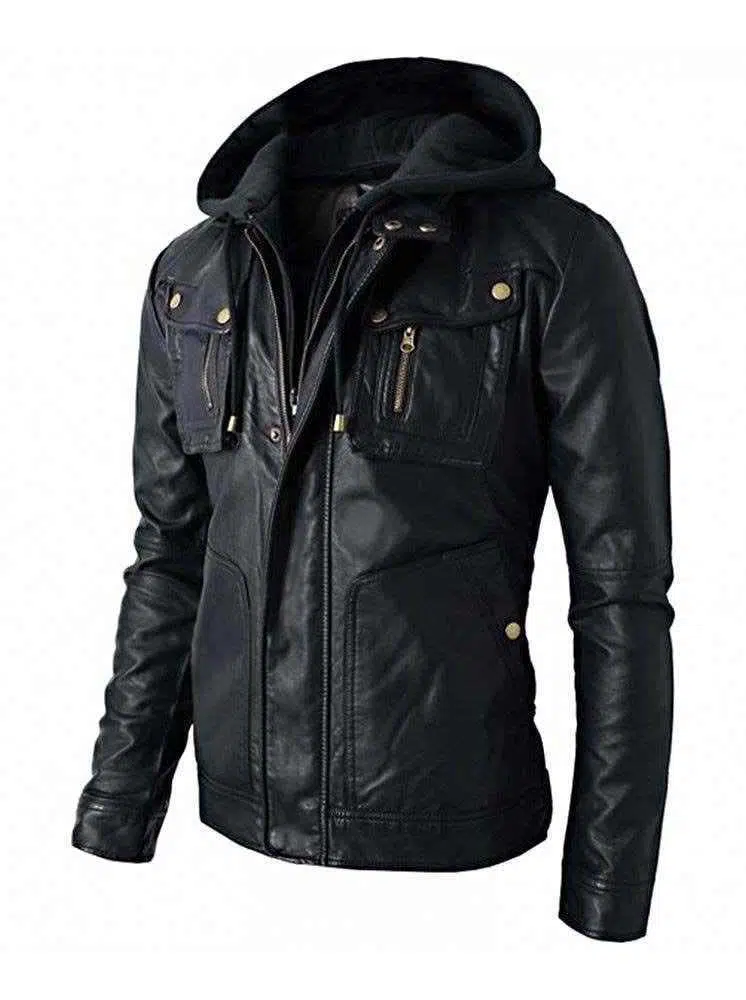 New Men's Motorcycle Brando Style Biker Real Leather Hoodie Jacket - Detach Hood - Image 2