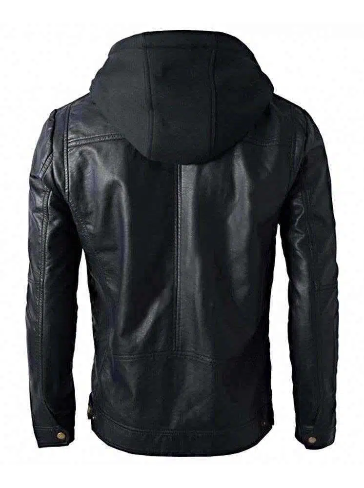 New Men's Motorcycle Brando Style Biker Real Leather Hoodie Jacket - Detach Hood - Image 3
