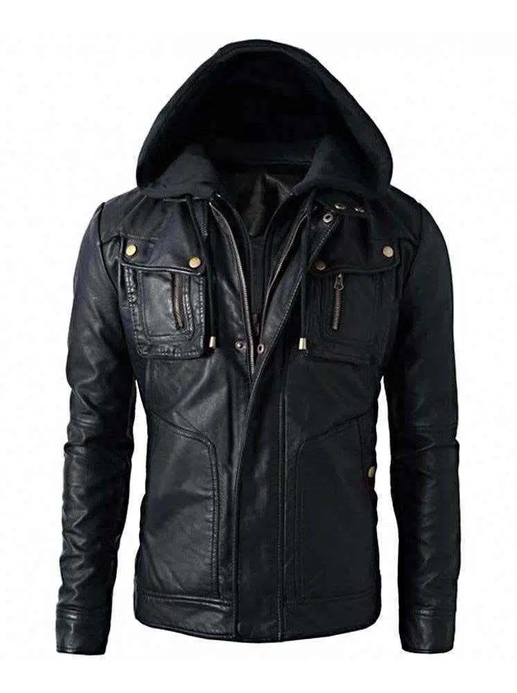 New Men's Motorcycle Brando Style Biker Real Leather Hoodie Jacket - Detach Hood