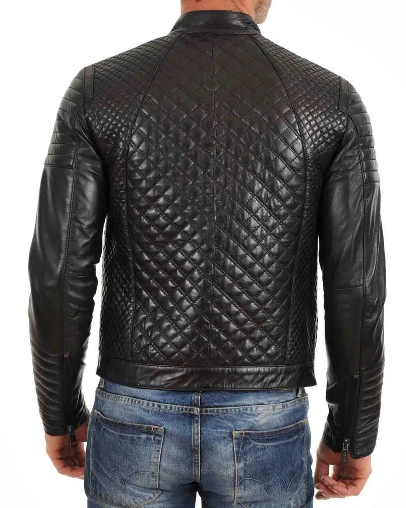 New Men's Quilted Motorcycle Black Genuine Lambskin Leather Biker Jacket - Image 2
