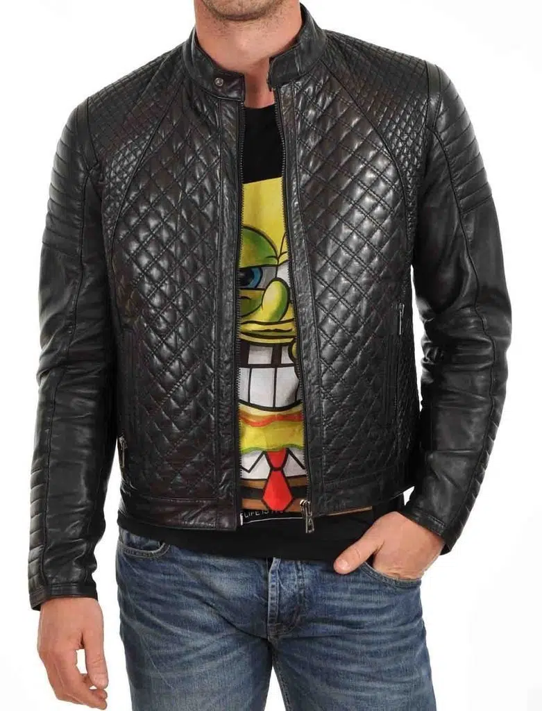 New Men's Quilted Motorcycle Black Genuine Lambskin Leather Biker Jacket