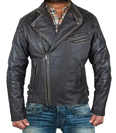 Skull and Bones Embossed Vintage Real Leather Biker Jacket for Men - Image 2