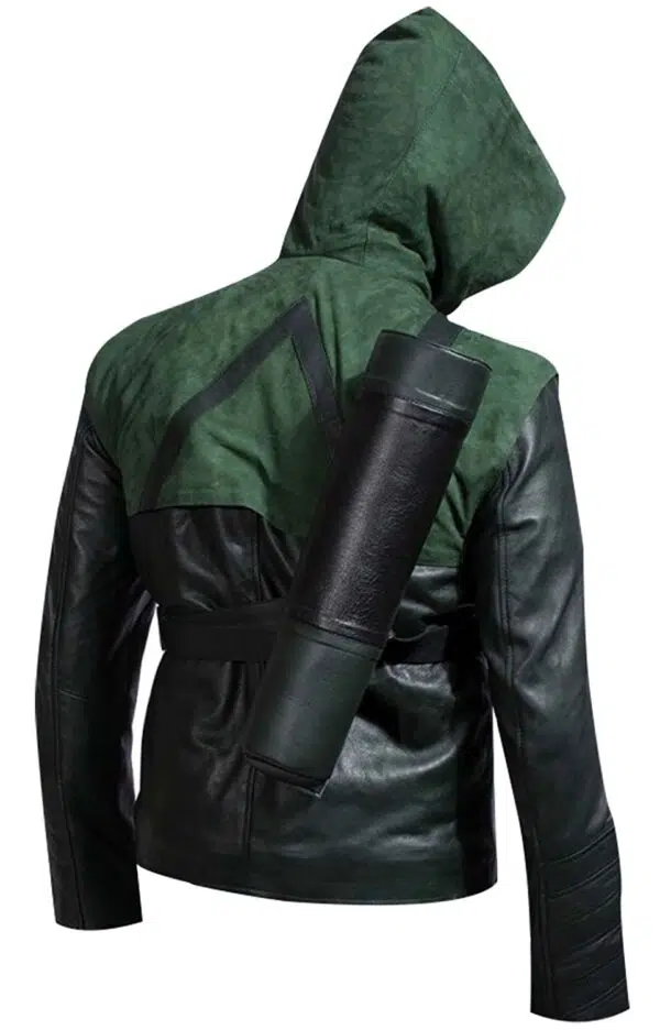 Green Superhero Amell-Costume Oliver Hooded-Leather Jacket