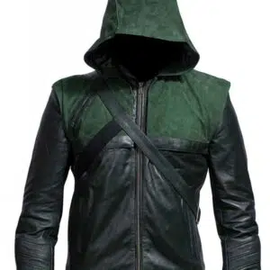 Green Superhero Amell Costume Oliver Hooded Leather Jacket