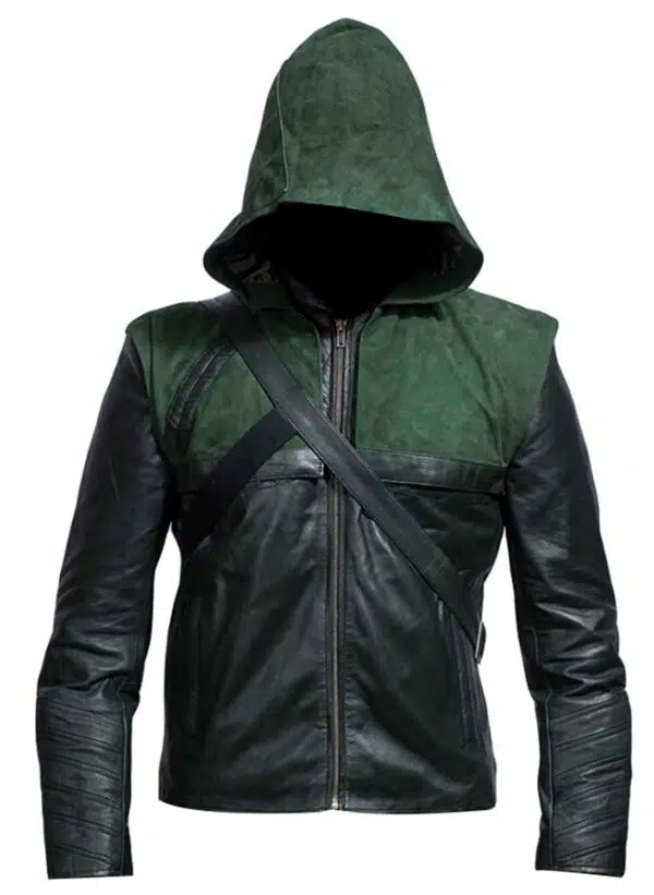 Green Superhero Amell Costume Oliver Hooded Leather Jacket